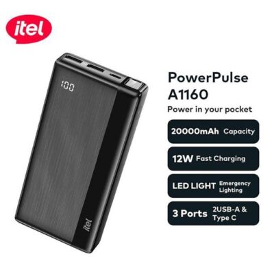 Itel PowerPulse 20000mAh 12W Fast Charging Power Bank – Dual USB & Torchlight