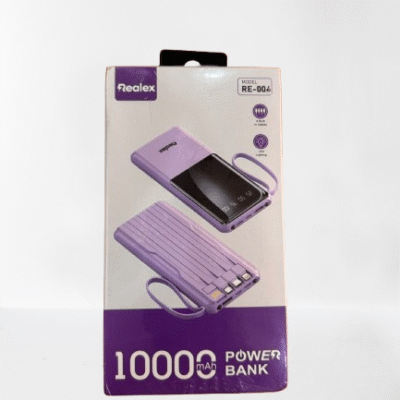 Generic Realex 10000mAh Power Bank – 4 Built-in Cables, LED Indicator, Compact & Portable