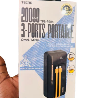 Tecno Omni-TANK 20000mAh Power Bank TPB-P204 – Built-in Type-C & Lightning Cables
