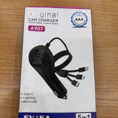 Camico A907 5-in-1 Car Charger – Type-C, Lightning & Micro USB, 5V/5A