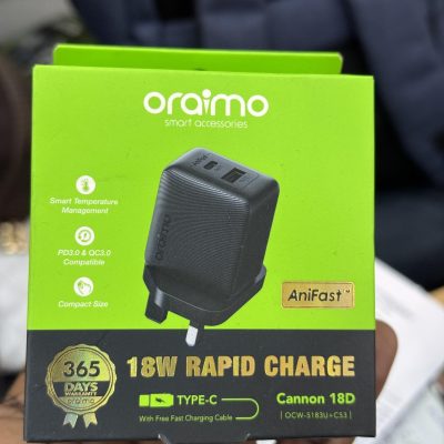 Oraimo Cannonn 18D Charger Kit OCW-5183U + C53 – 18W Dual Port Fast Charger – USB-C + USB-A – With Free 1m Type-C Cable – UK Plug – Black
