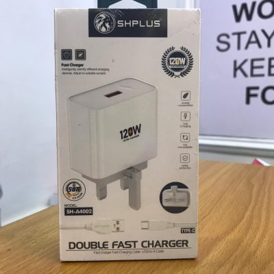 Shplus SH-A4002 120W Ultra-Fast Charger – Type-C + USB, Smart Power Share