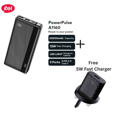 Itel PowerPulse A1160 20000mAh Power Bank + Free 5W Charger – Dual USB Output