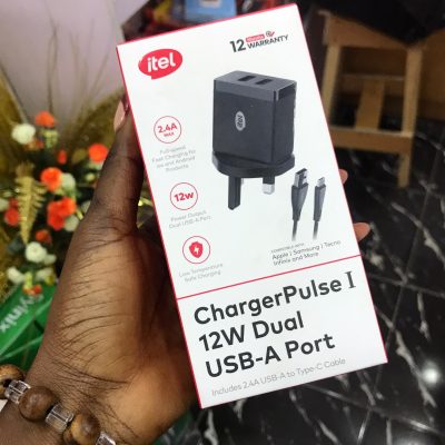 Itel ChargerPulse I 12W – Dual USB Fast Charger + 2.4A Type-C Cable