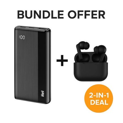 Itel 20000mAh Power Bank – 20W Fast Charging + AirPods Pro Earbuds