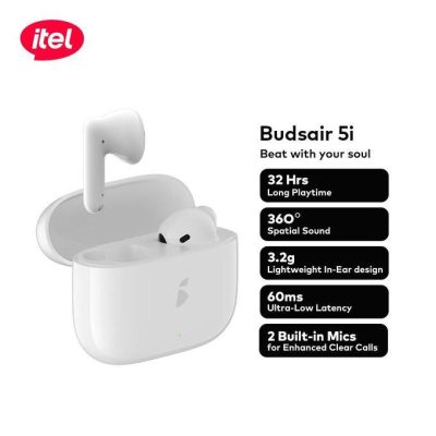 Itel BudsAir 5i TWS Earbuds (IEW-51) – Deep Bass, 32H Playtime, White