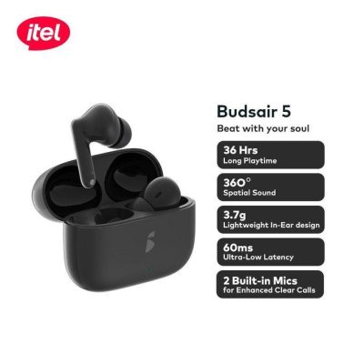 Itel BudsAir 5 TWS Earbuds – Deep Bass, 36H Playtime, AI Noise Cancel, 60ms Gaming Mode IEW-50 – Black