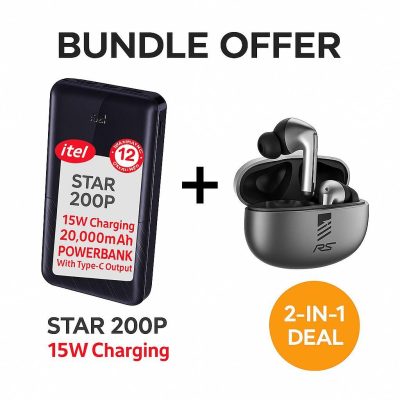 Itel 20000mAh Power Bank + BudsPlay Bluetooth 5.3 Earbuds – Super Bass
