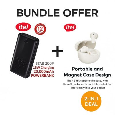 Itel 20000mAh Power Bank + BudsNeo 3 Bluetooth Earbuds – Super Bass Combo