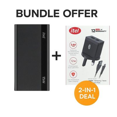 Itel 20000mAh Power Bank (15W Fast Charge) + ChargerPulse I 12W Adapter