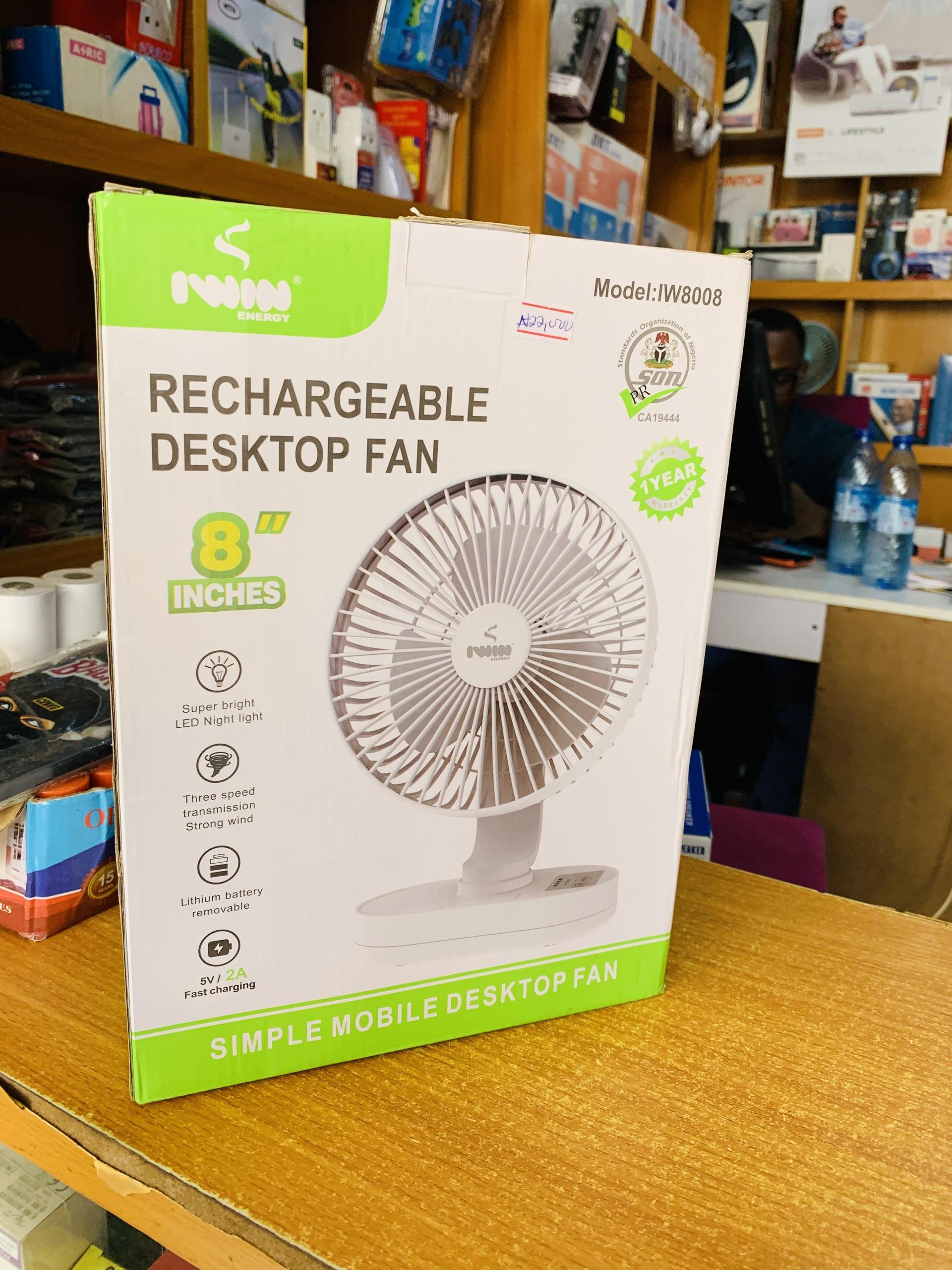 Iwin energy Iwin Rechargeable Desktop Fan 8” – LED Light, 3 Speed, USB Charge