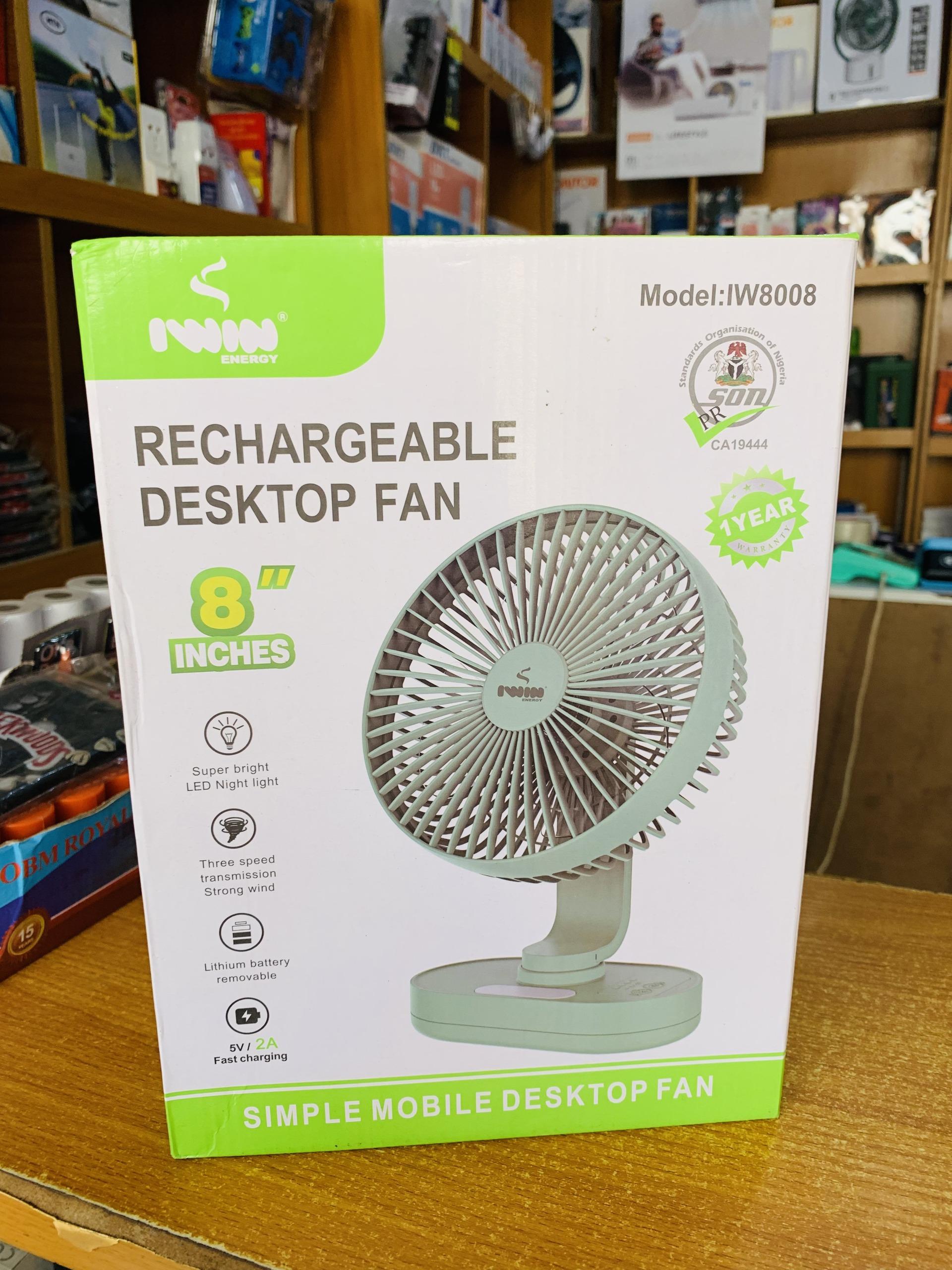 Iwin energy Iwin Rechargeable Desktop Fan 8” – LED Light, 3 Speed, USB Charge - Image 4