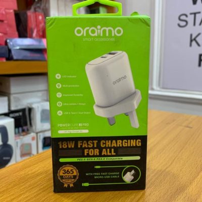 Oraimo 18W Fast Charger PowerCube 3 Pro – USB + Type-C Ports + Free Cable OCW-U94D